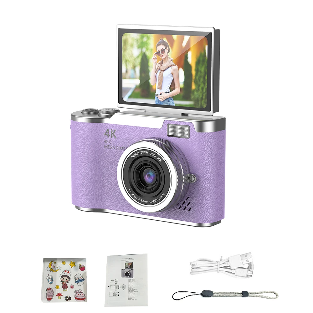 Câmera Digital 4k 48mp Câmera Infantil Foco Automático Tela de 2,4 Polegadas Giratória em 180° MDUG (roxo 8gb)