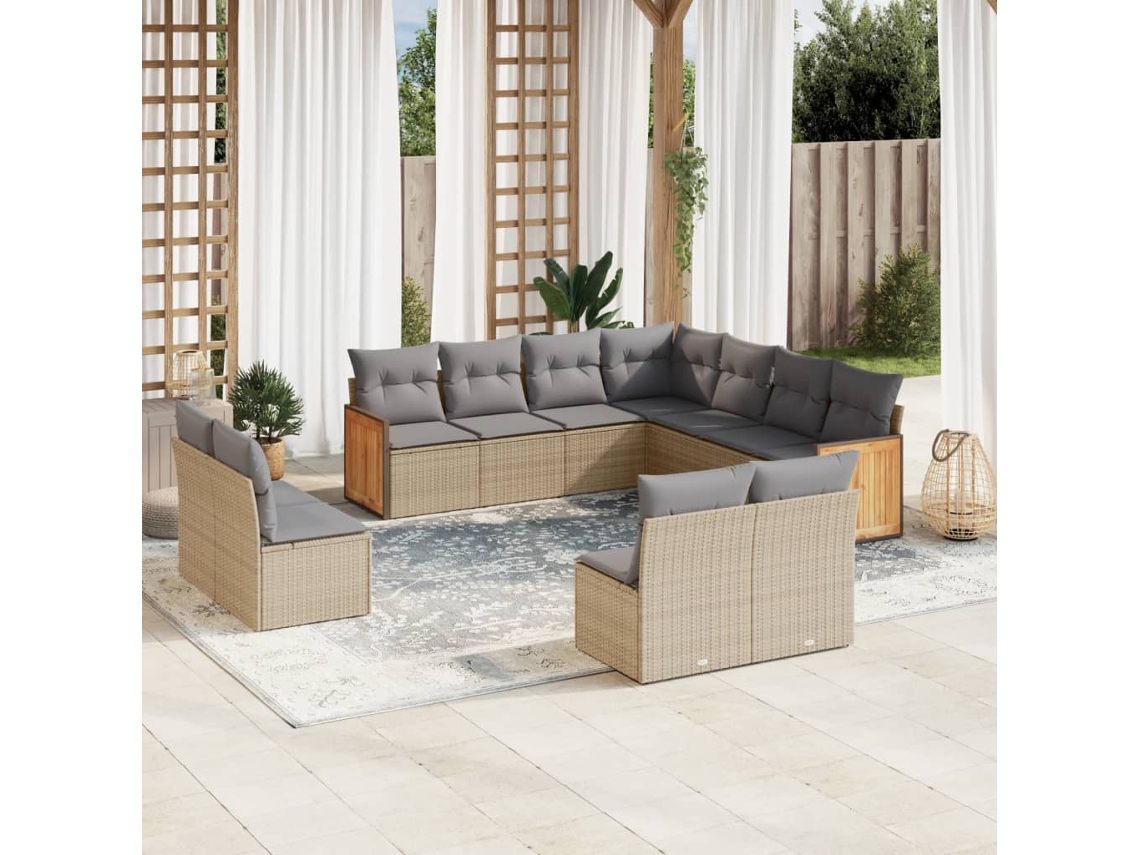Vidaxl 11 Pcs Conjunto Sofás De Jardim C/ Almofadões Vime Pe Bege