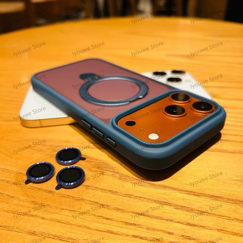 Capa Magnética Brilhante De Metal Com Suporte Para Iphone 17 Pro Max (azul Escuro).