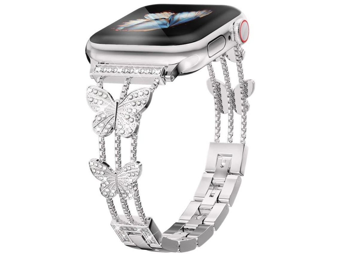 Bracelete para Apple Watch 46/49/45/44mm Metal com Diamante em Formato de Borboleta Prateada XIAOMOYU