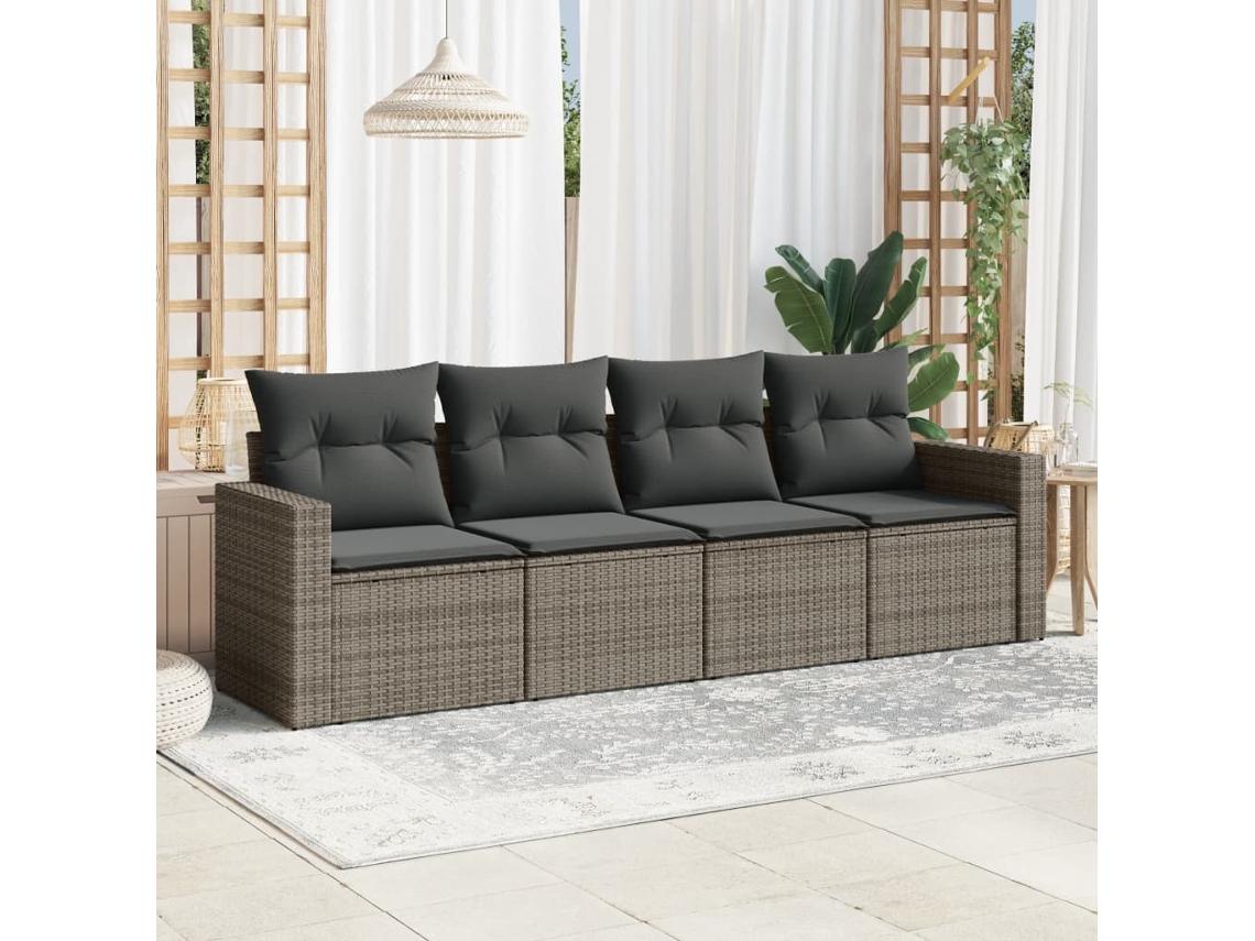 Vidaxl 4 Pcs Conjunto Sofás De Jardim C/ Almofadões Vime Pe Cinzento