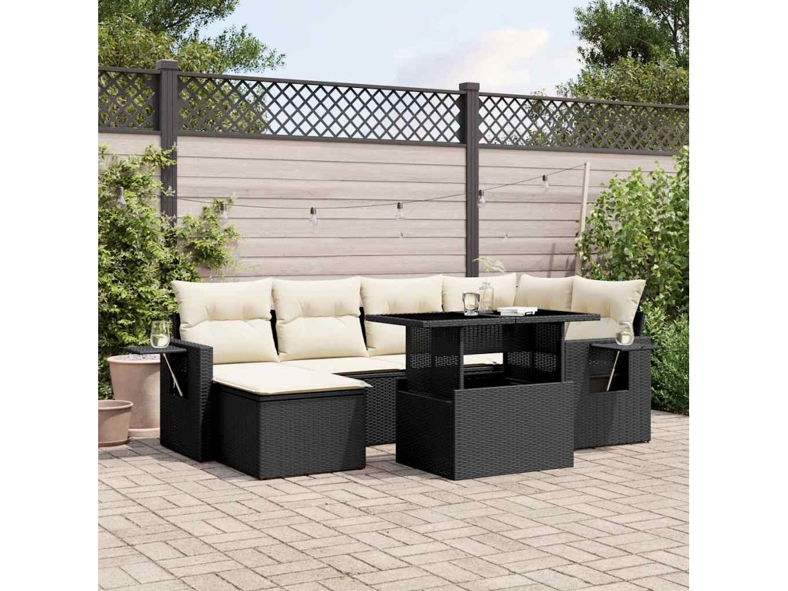 7 Pcs Conjunto De Sofás P/ Jardim C/ Almofadões Vime Pe Preto Dkd Home Decor