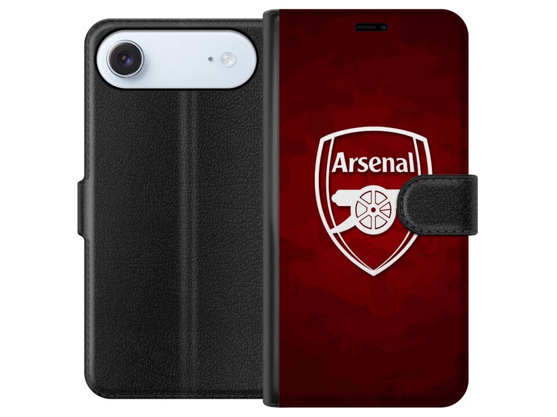 Capa Carteira Compatível Com Apple Iphone Air Com Emblema Do Arsenal E Canhão Em Fundo Vermelho.