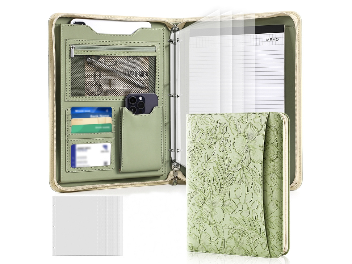 A4 Leather Zippered Portfolio Folder With Embossed Print, Green Cover, 3-ring Binder, 11-ring A4 One Grid Insert Sheets
