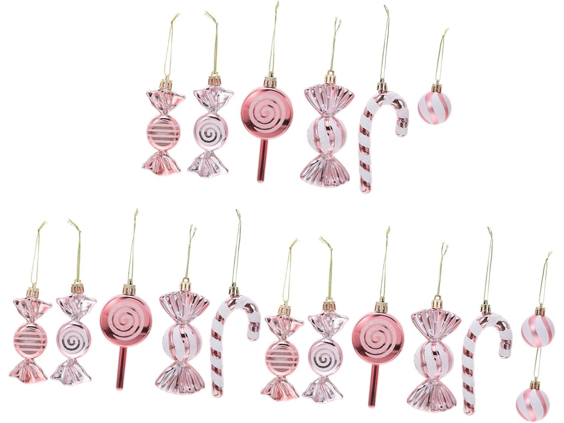 Conjunto De 18 Enfeites De Natal De Plástico Inquebráveis Com Bengalas Doces E Bolas Douradas Rosê P Gokoco