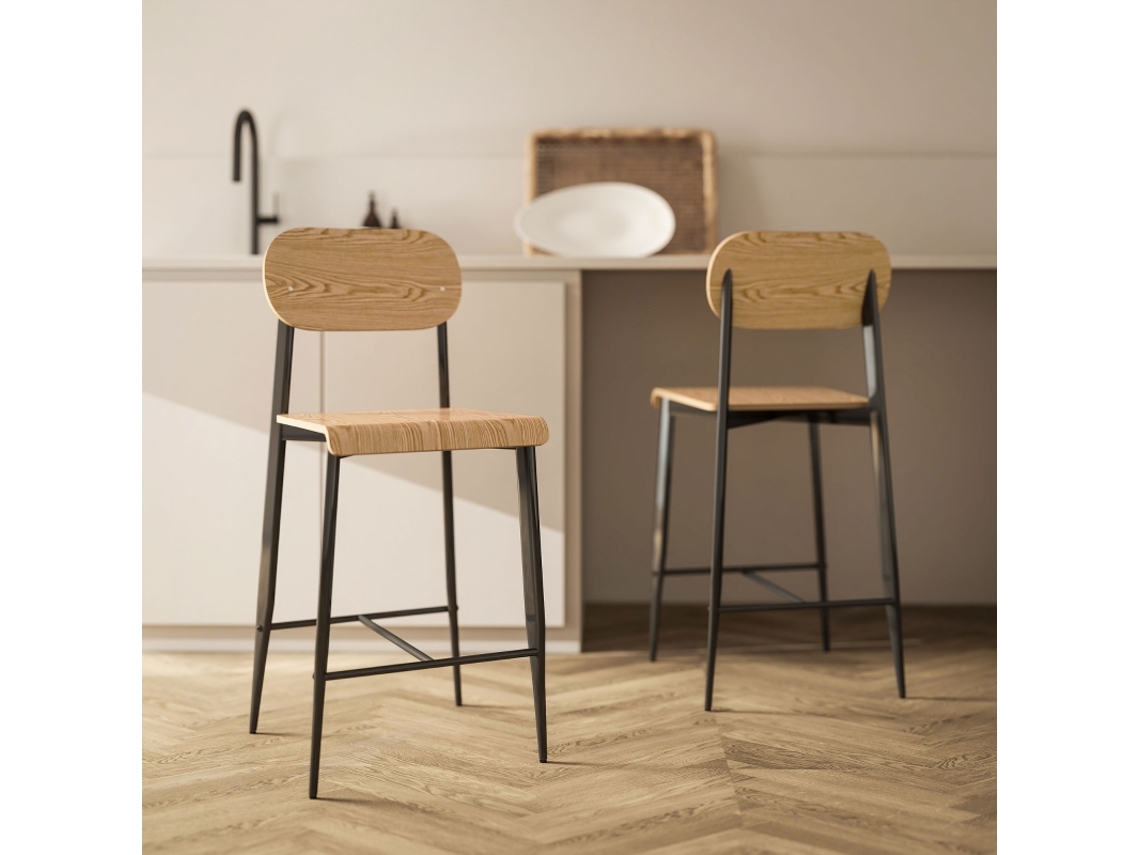 Conjunto De 2 Banquetas De Bar Com Apoio Para Os Pés,estrutura Metálica,66cm De Altura,design Industrial Em Madeira Natural E Preto Echo