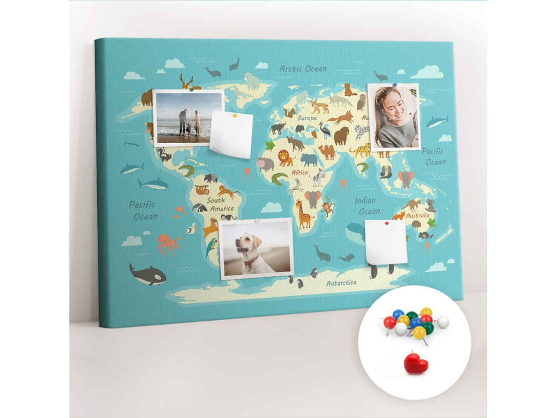 Painel De Cortiça Para Parede Mapa-múndi Com Animais Para A Sala De Estar Espelharte (70x100 Cm)