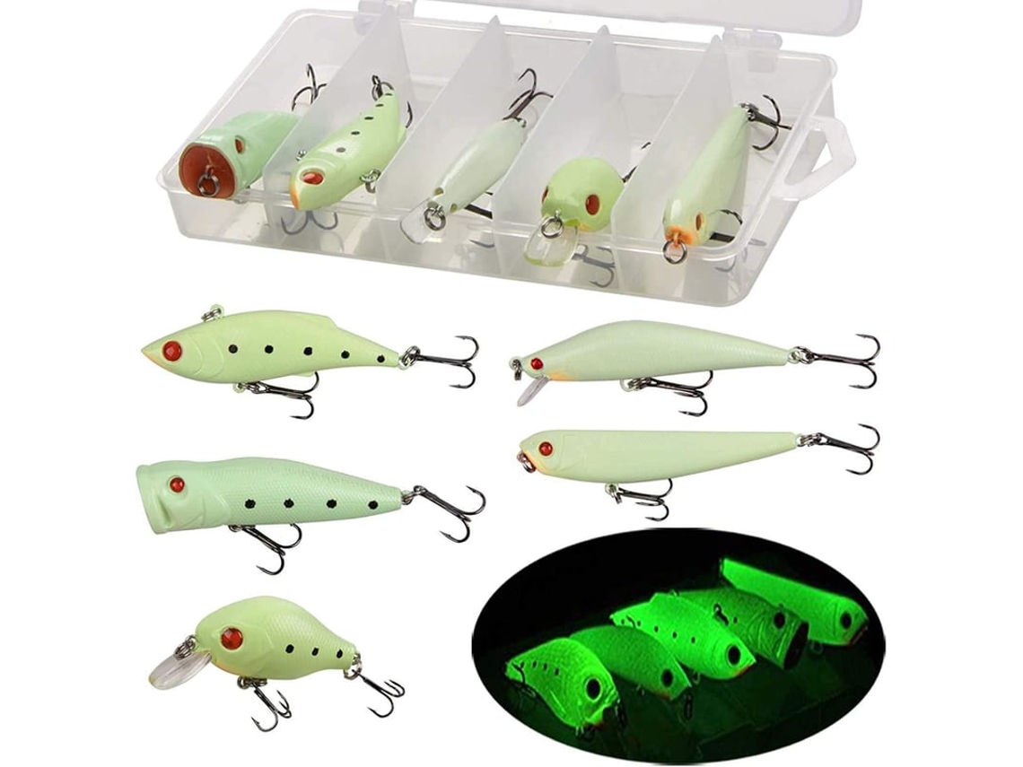 Kit De Iscas De Pesca Glow-in-the-dark Com Vib, Popper, Crank, Minnow E Pencil Para Pesca Noturna