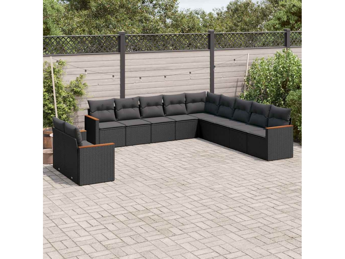 Vidaxl 11 Pcs Conjunto Sofás De Jardim C/ Almofadões Vime Pe Preto