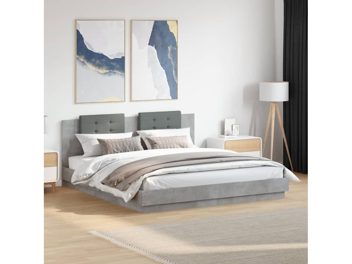 Vidaxl Estrutura Cama C/ Cabeceira/luzes Led 200x200 Cm Cinza Cimento