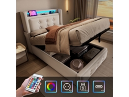 Cama Estofada 90x200cm, Bege Algodão, Led+usb C, Hidráulica, 150kg, Sem Colchão-op