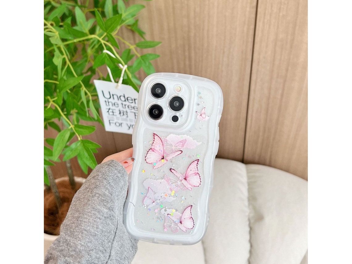 Capa Transparente Para Iphone 17 Com Glitter Grande De Ondas E Borboletas.