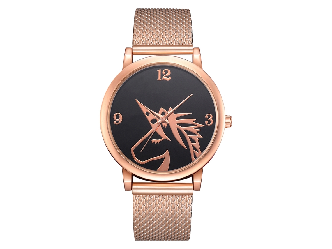 Relógio masculino de quartzo com pulseira de malha e mostrador redondo com estampa animal, na cor dourada.