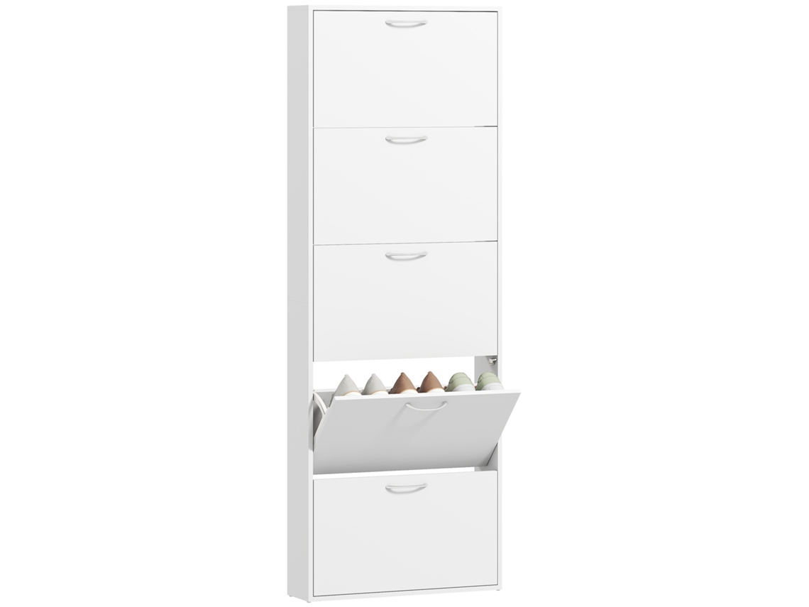 Armário de Sapatos 15 Pares, Armário Estreito com 5 Gavetas Rebatíveis, 65 X 17 X 180,5 Cm Branco