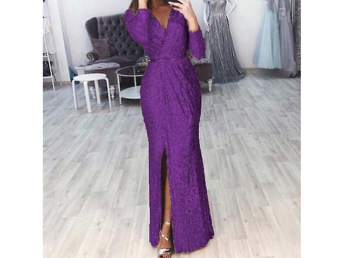 2026 vestido Largo com Decote Profundo em V e Strass para Festas e Ocasiões Especiais Mulher L Morado