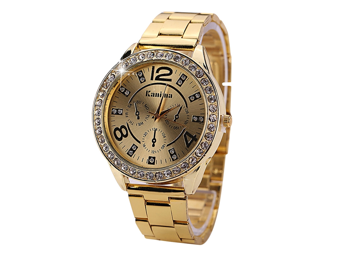 Relógio Feminino de Moda com Pulseira de Aço Inoxidável e Strass Quartzo Dourado