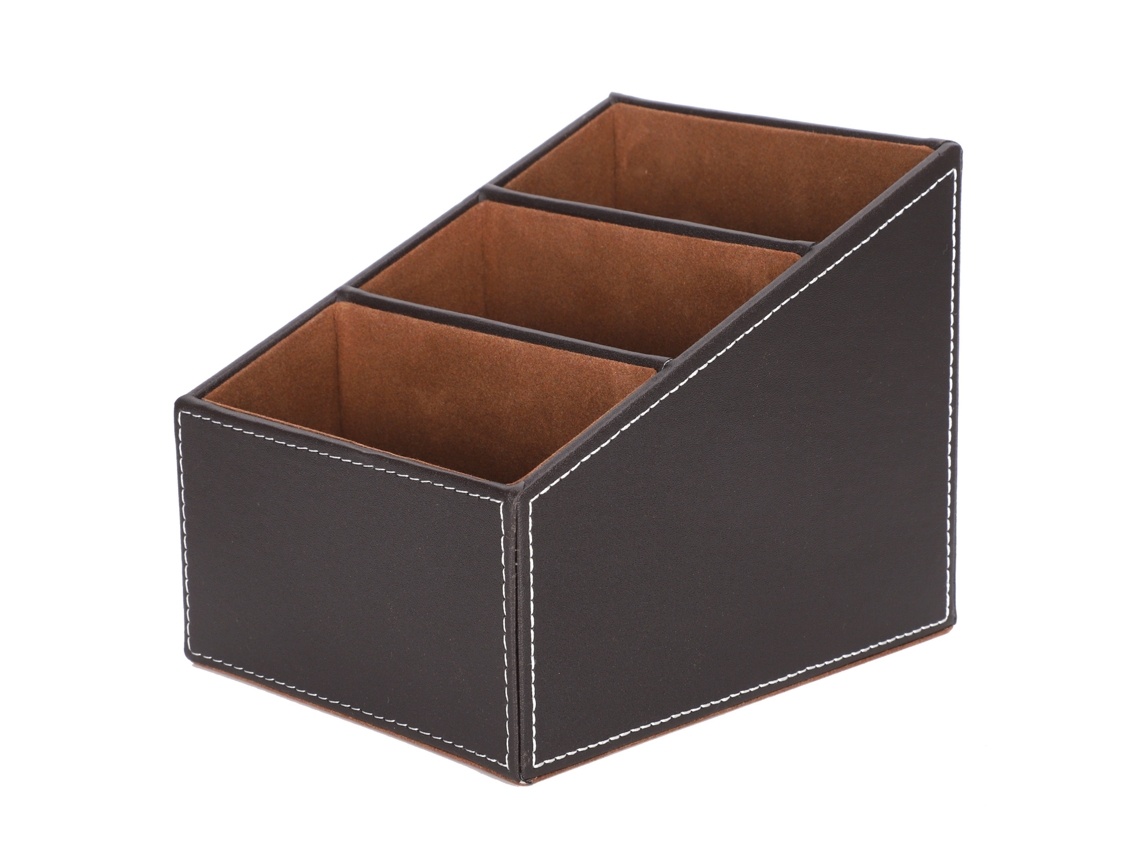 Caja de Armazenamento de Couro Falso para Escritório Organizador de Papelaria com 3 Compartimentos Cor Café