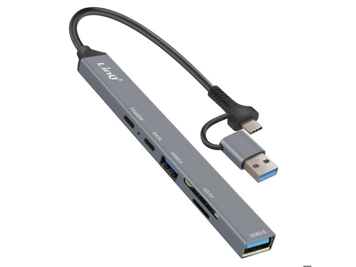Hub Usb 7 em 1, Linq, Usb c, Power Delivery 60w, Leitor de Cartão Sd/tf, Design Compacto AQUAFORGE