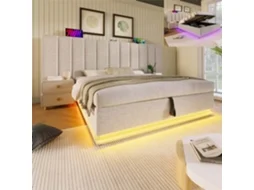 Cama De Casal Estofada Armazenamento Led Usb-c Gutent Linho Bege (160x200cm)