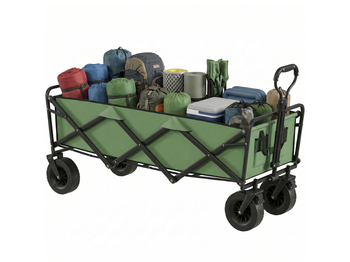 Carrinho Jardim de Dobrável 130l com Rodas. Trailer de Alta Resistência com Freios. Alça Ajustável. Verde