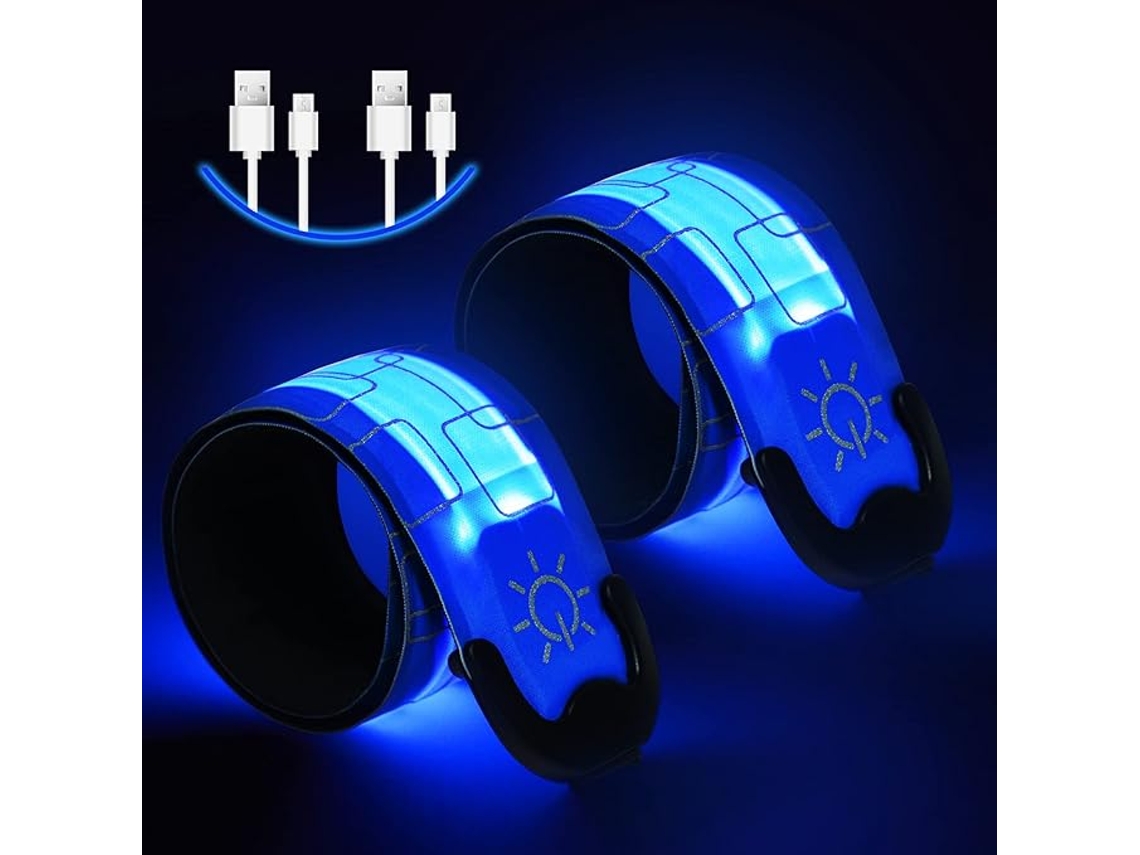 Pulseira de luz LED recarregável, 2 peças, USB, três modos, ajustável, escuro, azul, sem marca