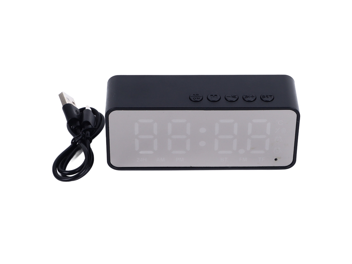 Reloj Despertador Com Espelho Bluetooth Alto-falante Digital Recarregável Para Quarto Escritório Preto
