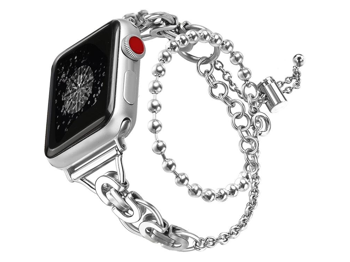 Bracelete para Apple Watch 42/41/40/38mm Liga de Zinco com Corrente de Contas de Círculo Duplo Prateada XIAOMOYU