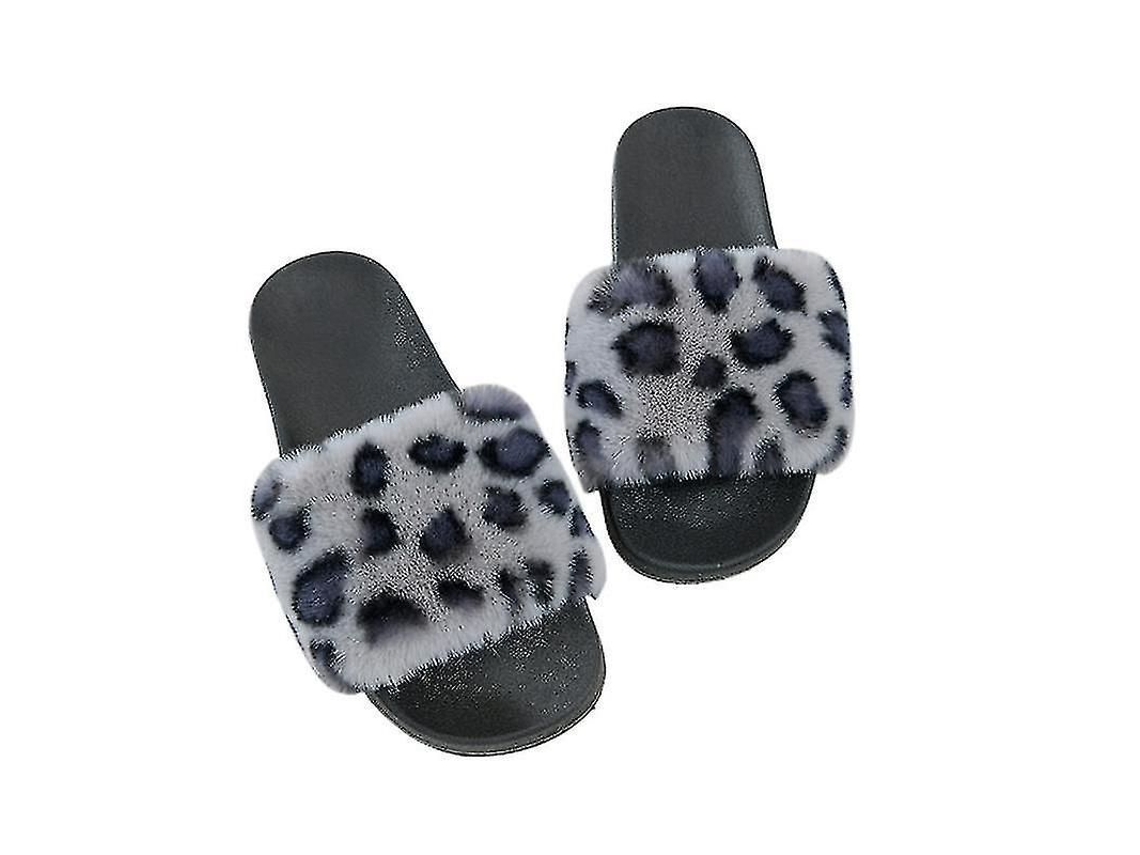 Chinelos de Pelo com Ponta Aberta, Antiderrapante, Ideal para Casa e Exterior, Tamanhos Verdadeiros Leopardo (eu 36 44) | S/MARCA