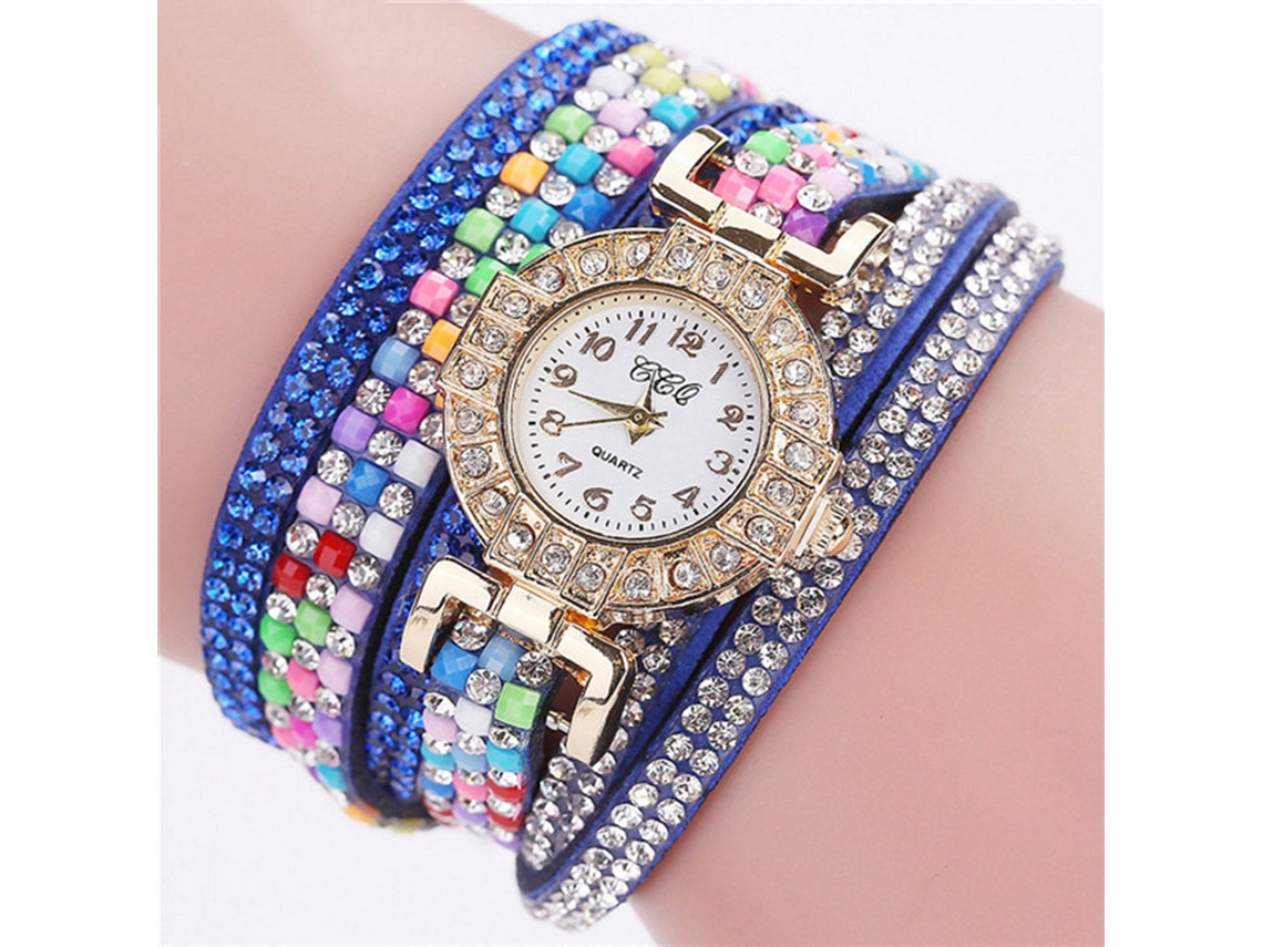 Relógio de Pulso Feminino Fashion com Pulseira de Veludo e Strass Multicamadas Azul