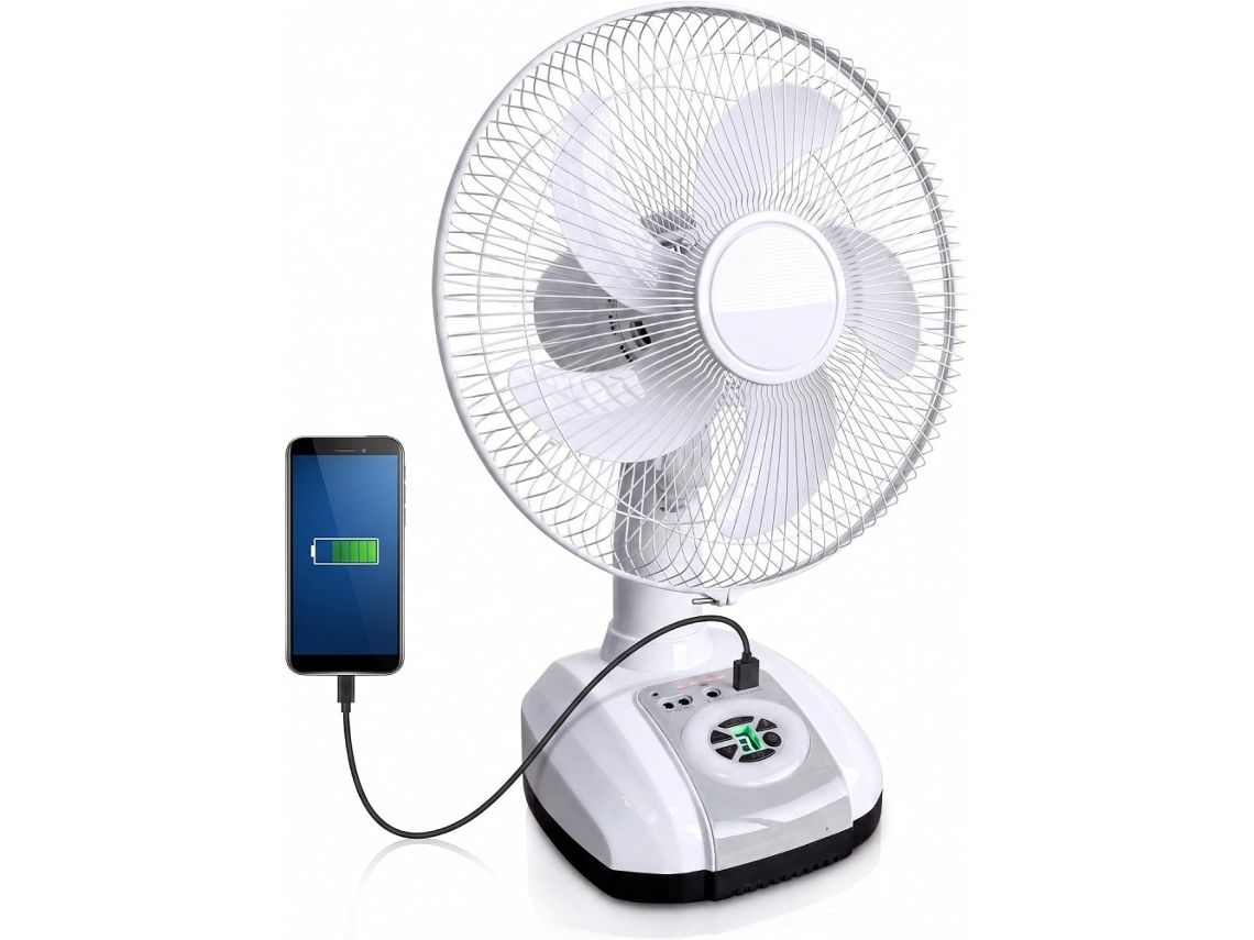 Ventilador Portátil Recargable 12" Corriente 220 O Inalambrico De Sobremesa Silencioso, Batería Interna Usb, Luz Led