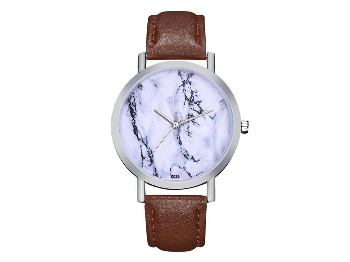 Relógio de casal com mecanismo de quartzo, pulseira de couro sintético, caixa prateada e mostrador personalizado (cor café).