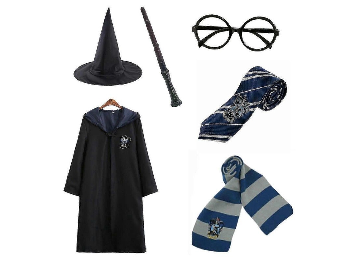 _conjunto de Traje de Bruxo Harry Potter com Capa e Acessórios Cosplay 6 Peças