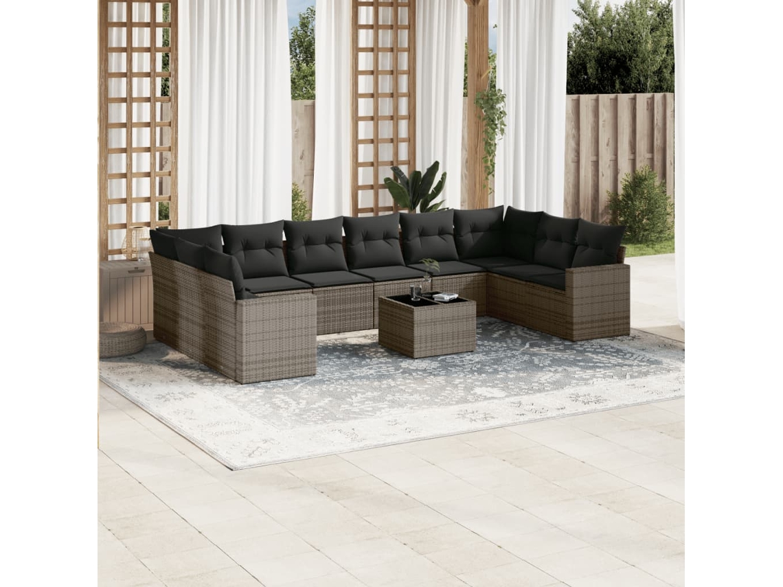 Vidaxl 11 Pcs Conjunto Sofás De Jardim C/ Almofadões Vime Pe Cinzento