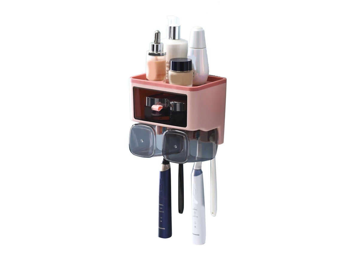 Suporte para Escova de Dentes, Sem Furos, Porta enxaguante Bucal, Organizador para Sanitário, Rosa, para 2 Copos AQUAFORGE