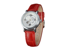 Relógio Feminino Casual de Pulso com Pulseira Pu Mecânico Automático Branco Vermelho