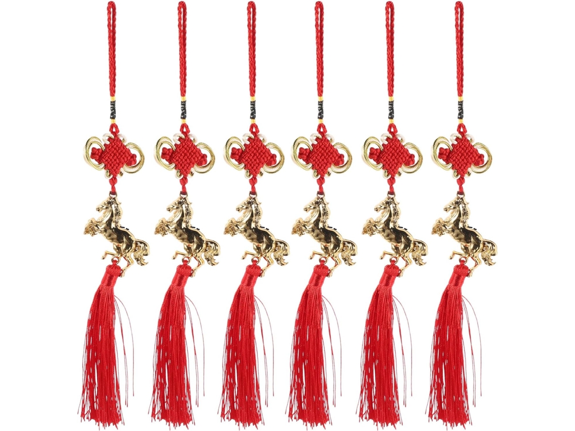 Conjunto 6 Pingentes Bênção Chinesa Metálica Nylon Decoração Amuleto Cavalo Ornamento Tradicional Chinês Salas GOKOCO