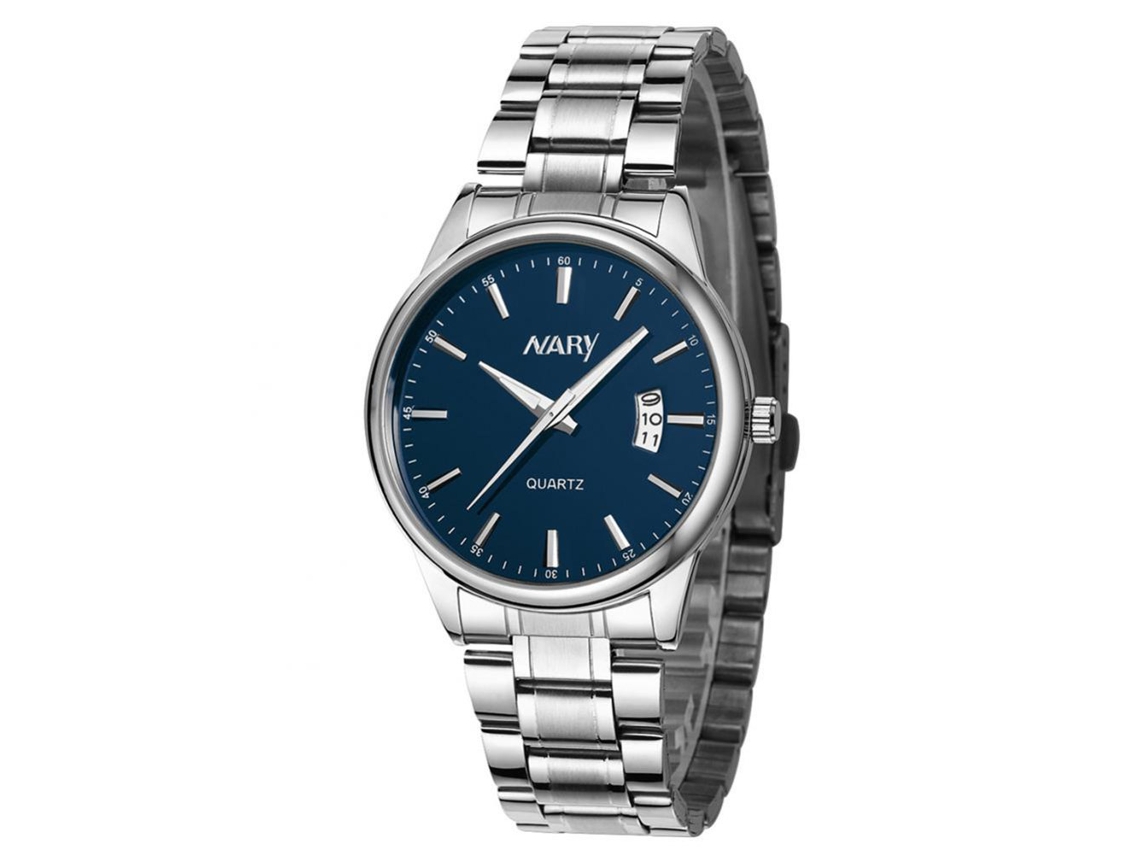 Relógio de pulso masculino Nary Fashionable azul em liga metálica com mostrador redondo e movimento analógico de quartzo.