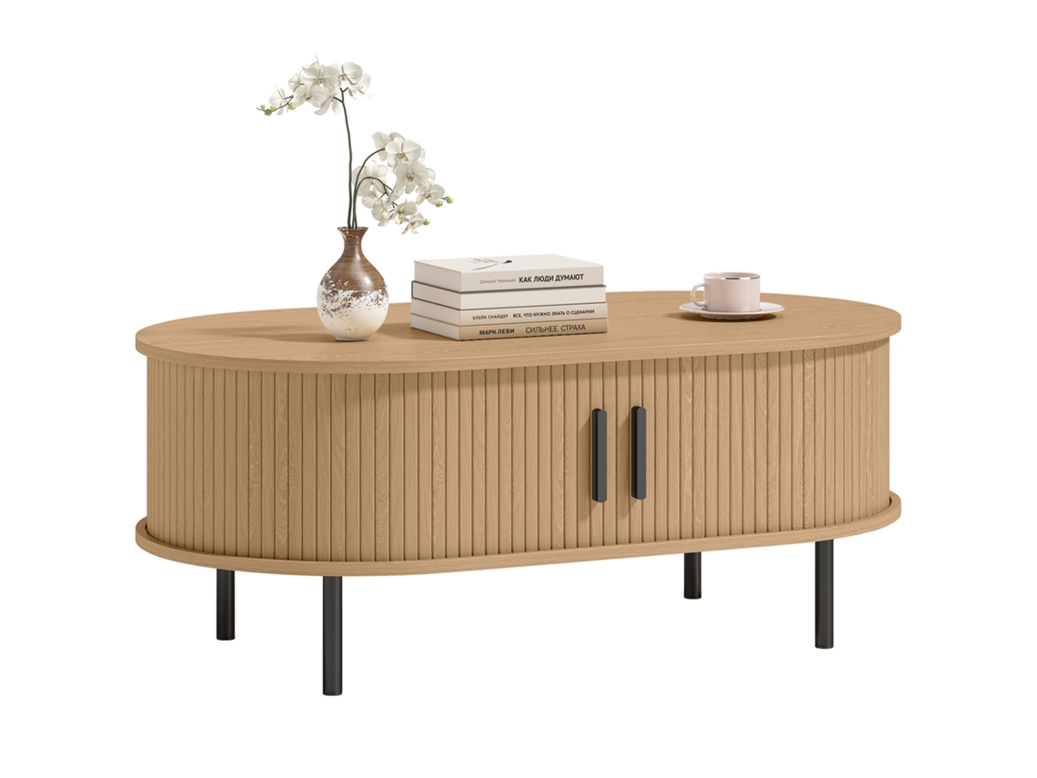 Mesa De Centro Com Portas Deslizantes, Mesa De Café Oval Com Armazenamento Oculto, 100x55x40 Cm, Natural