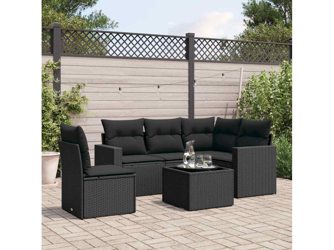 Vidaxl 6 Pcs Conjunto Sofás De Jardim C/ Almofadões Vime Pe Preto