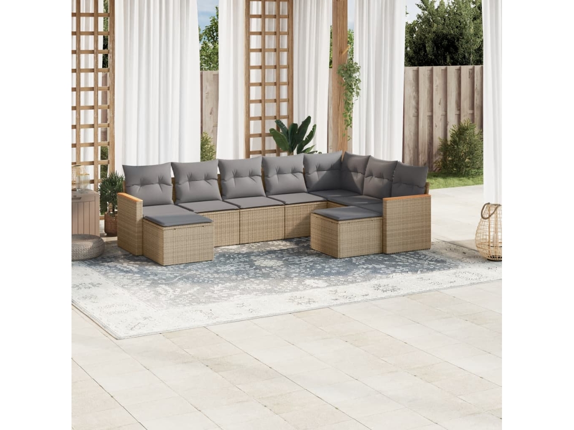 Vidaxl 9 Pcs Conjunto De Sofás P/ Jardim Com Almofadões Vime Pe Bege