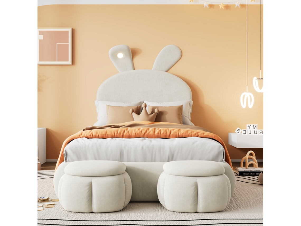 Cama Solteiro Bege 90x200cm Orelhas Coelho Luz Ajustável Armazenamento