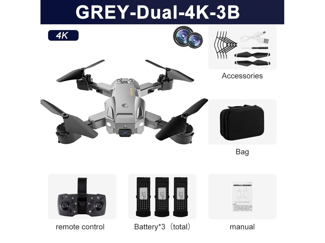 Drone Bestvite Q6 Com Câmera Dupla 4k Hd, Quadricóptero Dobrável (3 Baterias Duração Da Bateria 15 Min Cinza)