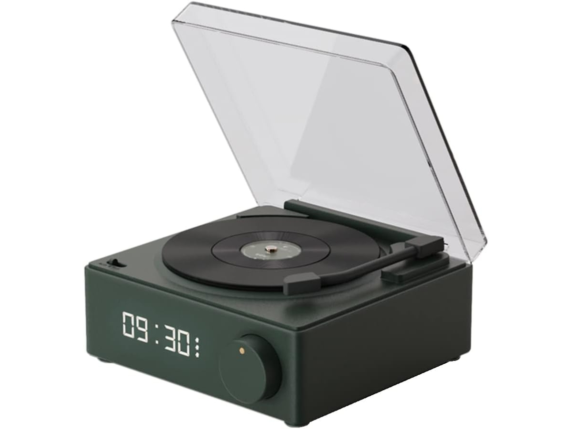 Despertador com toca-discos e alto-falante Bluetooth 5.0, som aprimorado, conexão de áudio e inserção de cartão de memória HDD (verde)