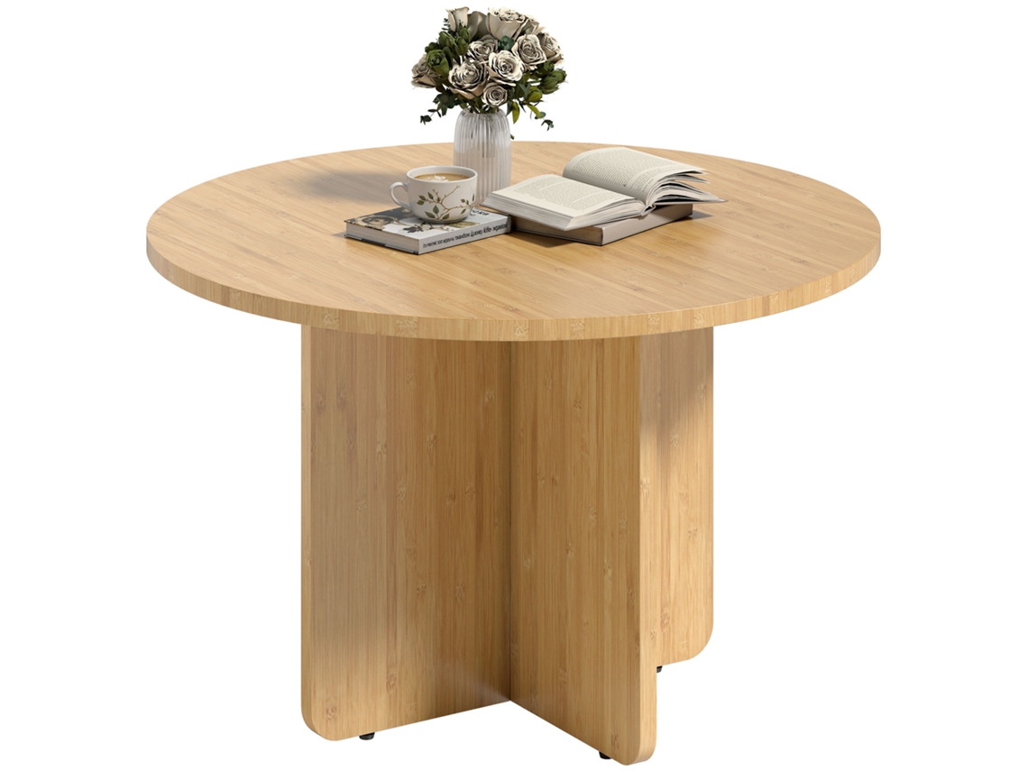 Mesa de Centro Redonda,bambu Natural com Pé Cruzado para Sala de Estar BTFORUS