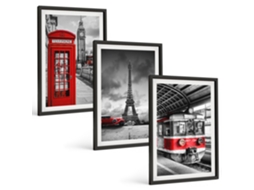 Conjunto De Pinturas Ícones De Londres, Paris, Transporte Espelharte (3 Peças 40x60 Cm)