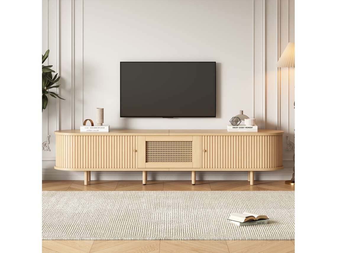 Móvel De Tv Moderno Com Design Arredondado E Porta De Enrolar, Feito De Mdf, Com Gaveta, Adequado Para Tvs De Até 75 Polegadas