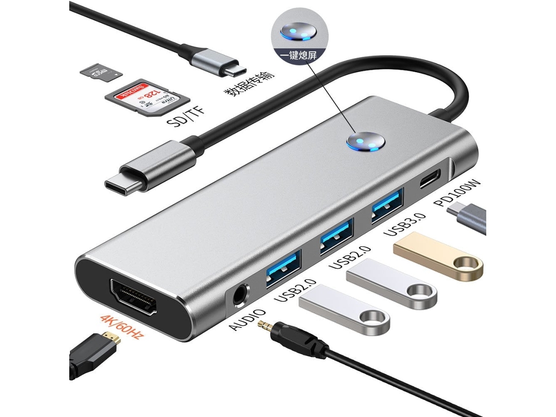 Hub Usb c 9 em 1 para Ipad Pro, Adaptador com Hdmi 4k 60hz, Carregamento Rápido de 100w, Leitor de Cartão Sd/tf PANOONA