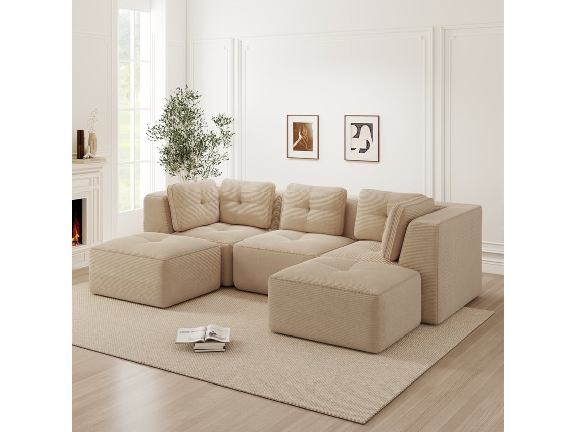 Sofá Modular U 3l Bege Veludo, Assento Profundo Com Pufe