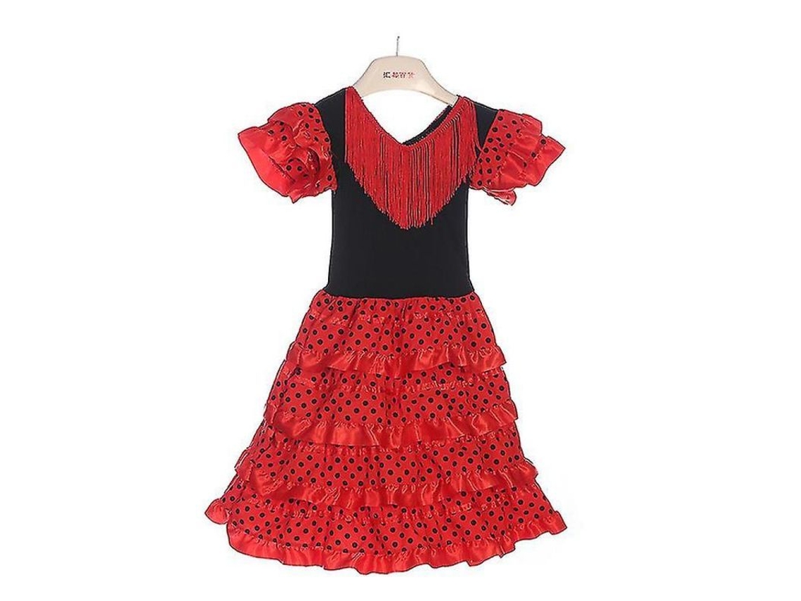 Traje Rebe-Flamenco para Meninas para Danças Tradicionais em Sevilha, Tamanhos 2-10, Cores Vermelho/Preto, IVA Vermelho com Babados Vermelhos M (6-8 Anos)