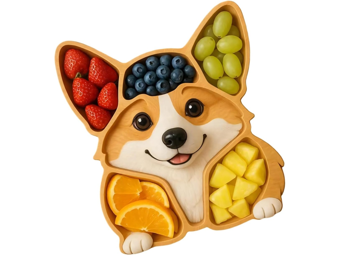 Fruteira De Madeira Com Frutas E Cabeça De Cachorro.